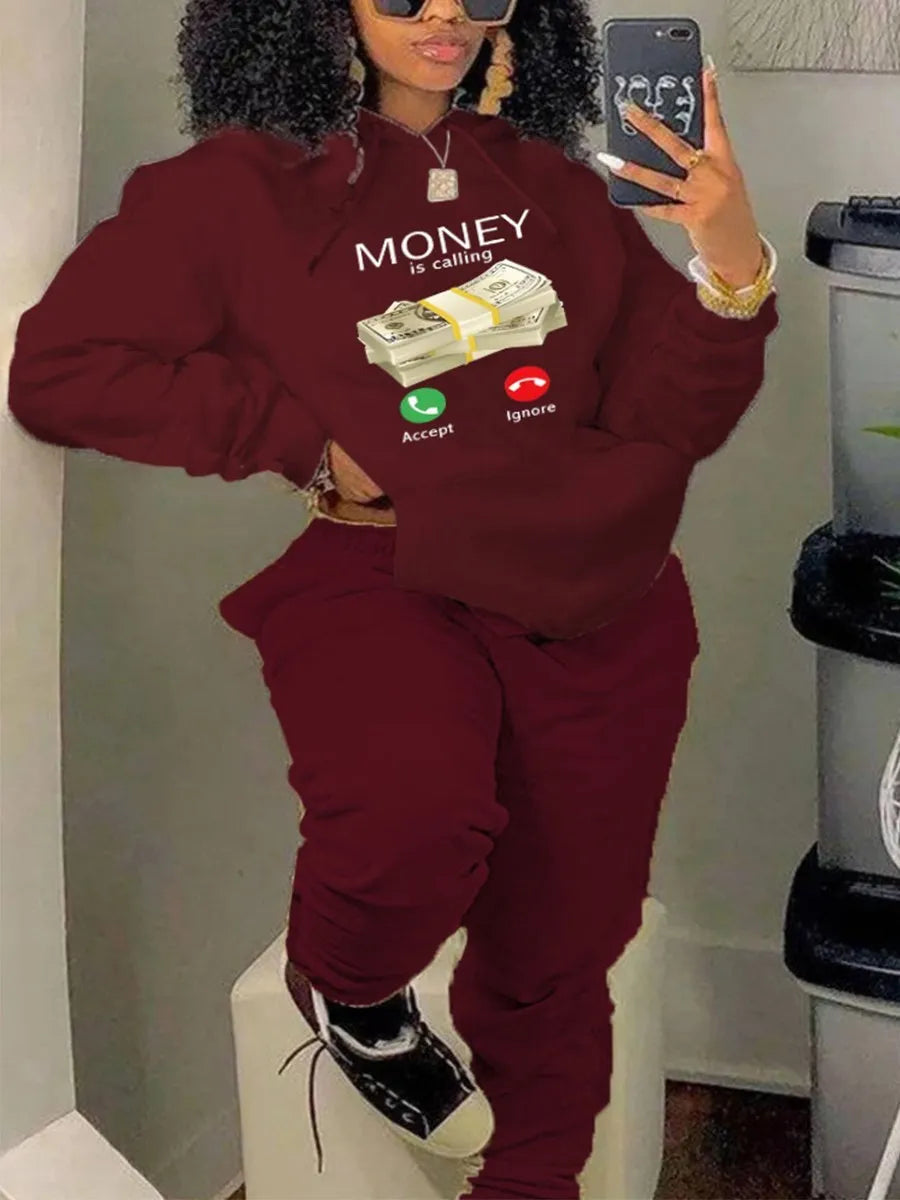 LW Plus Size Two Piece Sets Money Letter Print Kangaroo Pocket Tracksuit Set Women's Tracksuit Casual Hooded Sport Suits