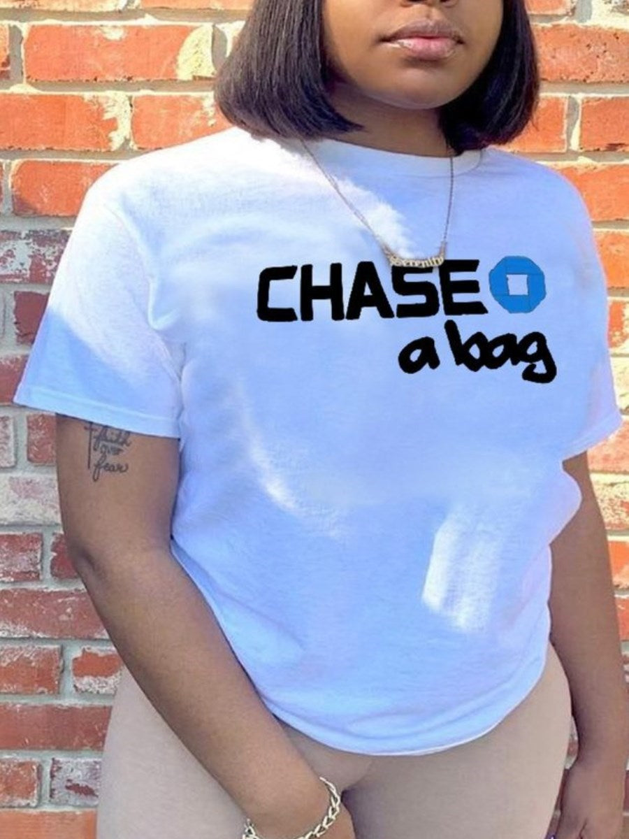 LW Plus Size Women's T-shirts Chase A Bag Letter Print T-shirt Tops O-neck Short Sleeves Loose Summer Tshirt White Tees
