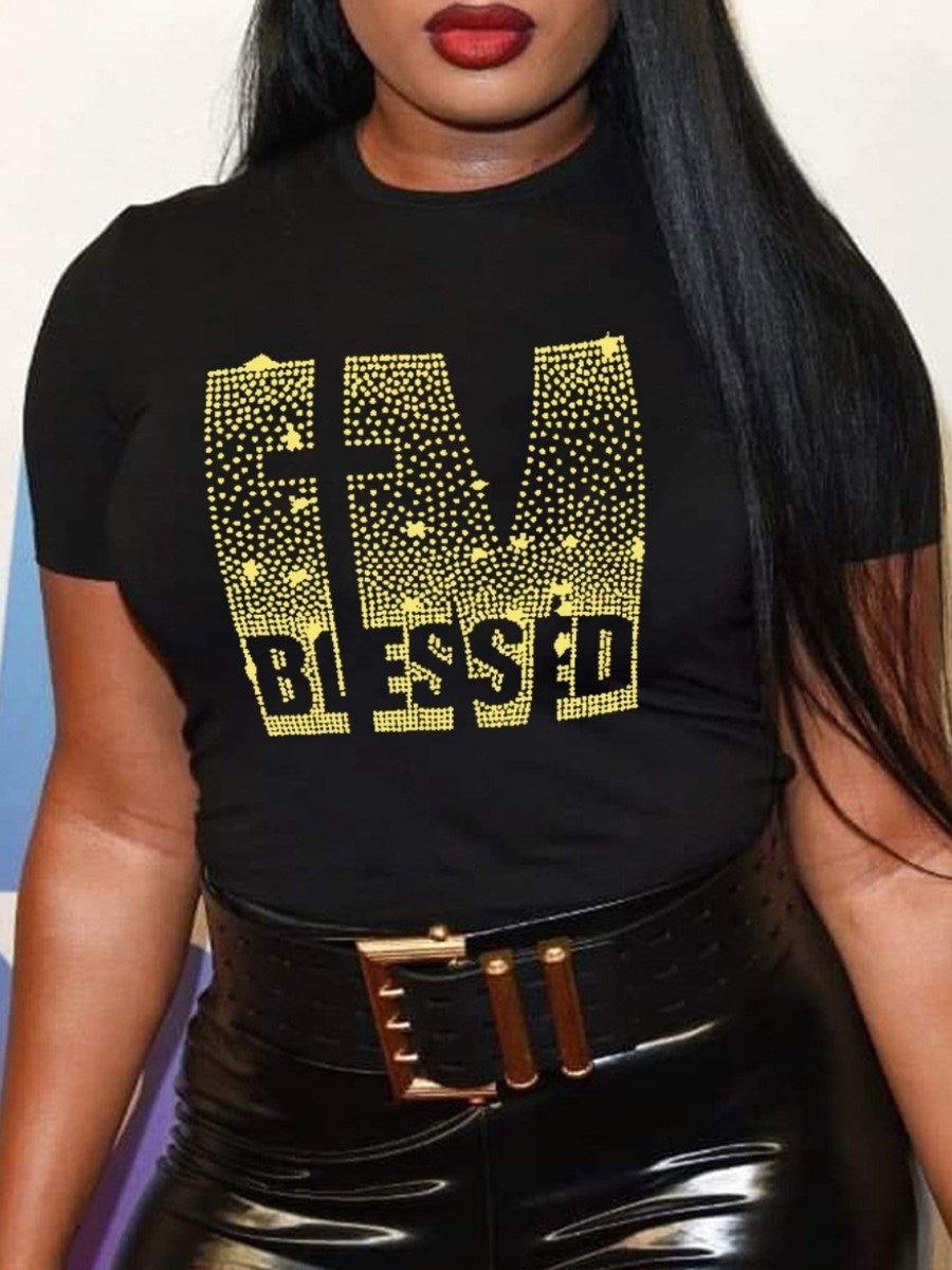 LW Plus Size Summer Women Round Neck Tee Tops Rhinestone Blessed Letter T-shirt Casual Short Sleeve Crop Tops Sexy T-shirt