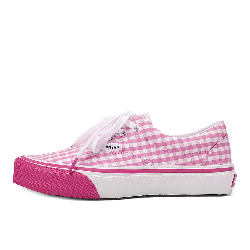 Women Vulcanize Shoes Fashion Pink Gingham Canvas Shoes Round Toe Flat Casual Sneakers Low Top Comfortable Skateboarding Shoes