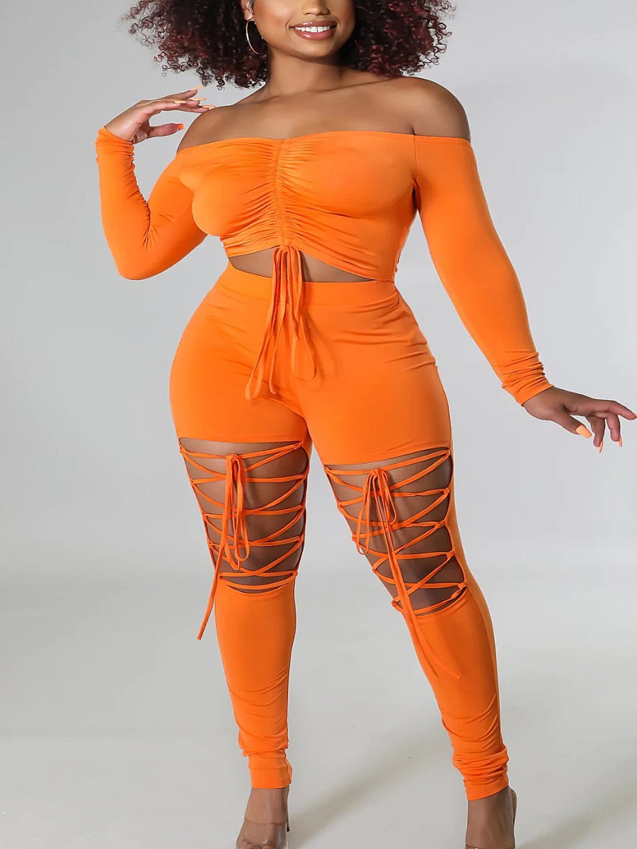 LW Plus Size Off The Shoulder Drawstring Cut Out Pants Set Two-pices Skinny Bateau Neck Long Sleeve sexy women's clothing