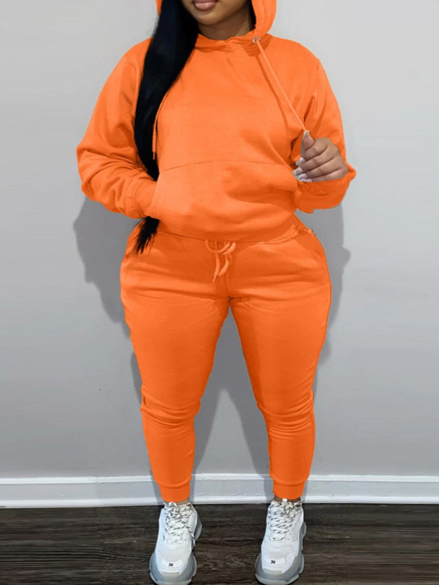 LW BASICS Plus Size Kangaroo Pocket Drawstring Tracksuit Set 2022 Autumn winter warm Two Piece Set Long Sleeved Hoodies Sportsw