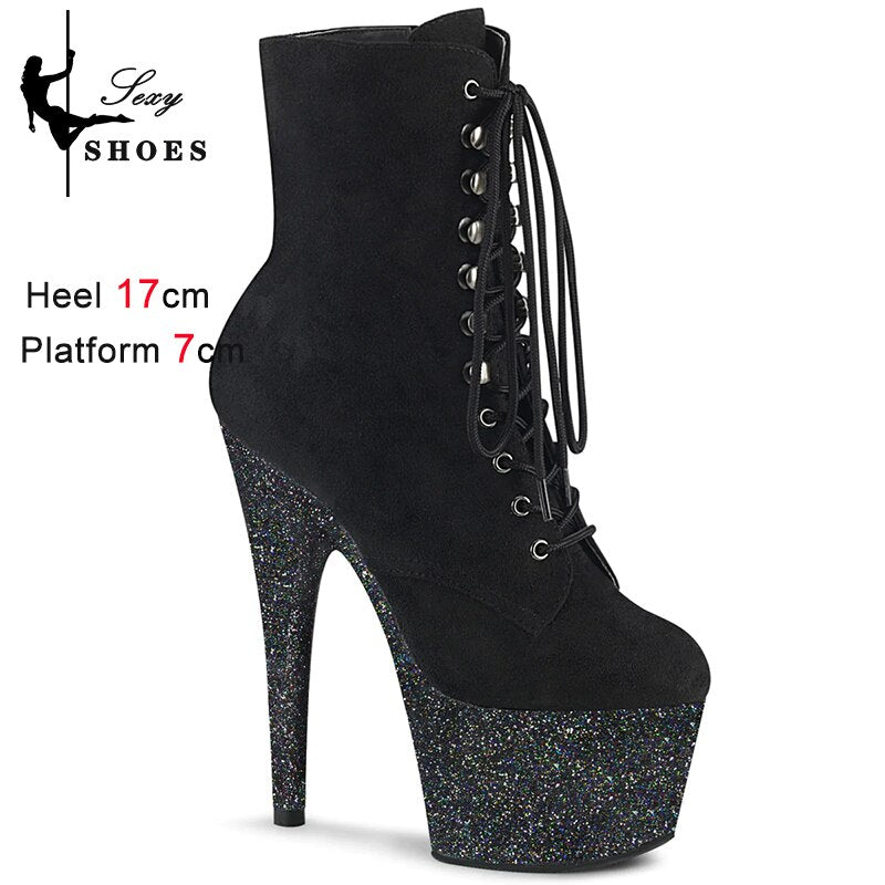 Patchwork Bling Sexy Women's Ankle Boots Thin Heels 17CM Sequined Round Toe Lace-up Short Boots Gothic Style Pole Dancing Shoes