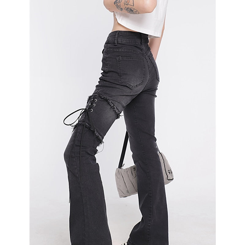 Women's Clothing Flare Jeans Black Lacing High Waist Stretchy Self Cultivation Vintage Casual Baggy Ladies Denim Trouser Summer