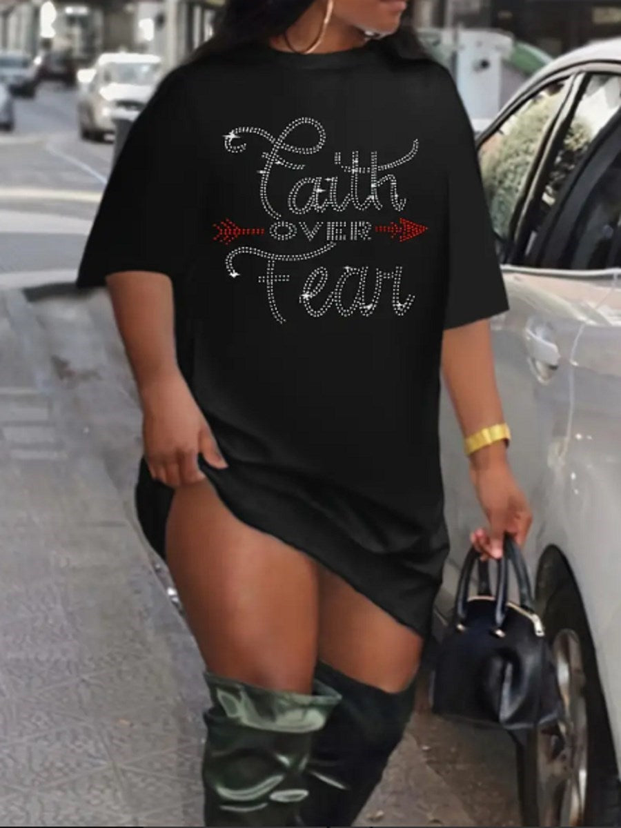 LW Plus Size Dress summer Women's Plus Rhinestone Letter Short Sleeve Slight Stretch Tee Dress Elegant Woman Dress for Party