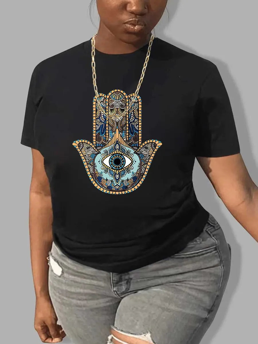 LW Plus Size Hamasa Hand Eye Print T-shirt summer Casual T-shirt Women's Plus Geometric Print Short Sleeve Fashion Graphic Tee