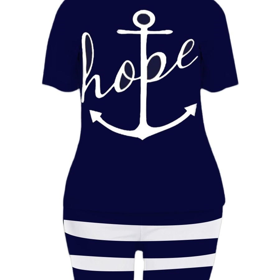 LW Plus Size Two Piece Women Clothes Casual Hope Letter Print O-neck Tees+ Sporty Stretch Striped Shorts Set