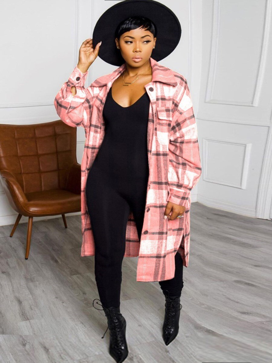 LW Plus Size Plaid Print Side Split Woolen Coat Regular Sleeve Full Print Turndown Collar Casual women's Woolen Coat