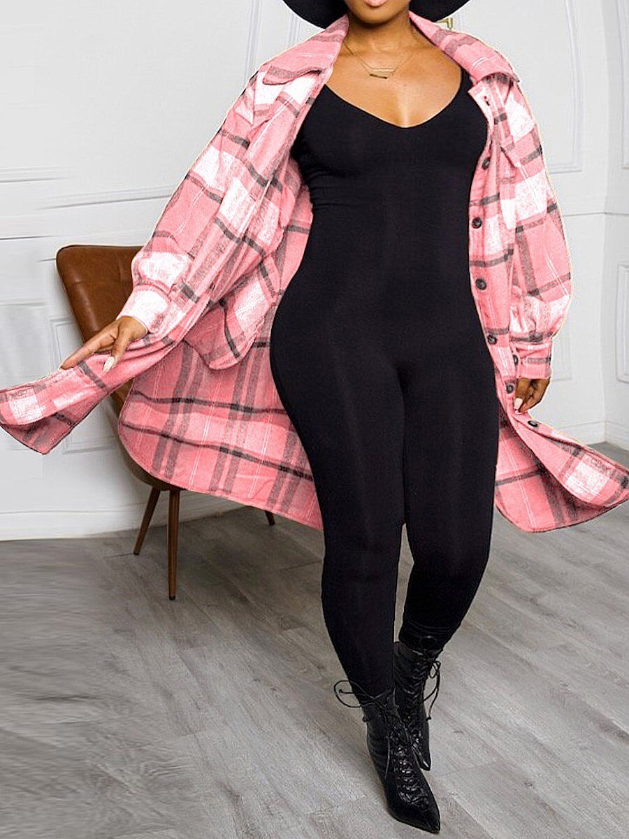 LW Plus Size Plaid Print Side Split Woolen Coat Regular Sleeve Full Print Turndown Collar Casual women's Woolen Coat