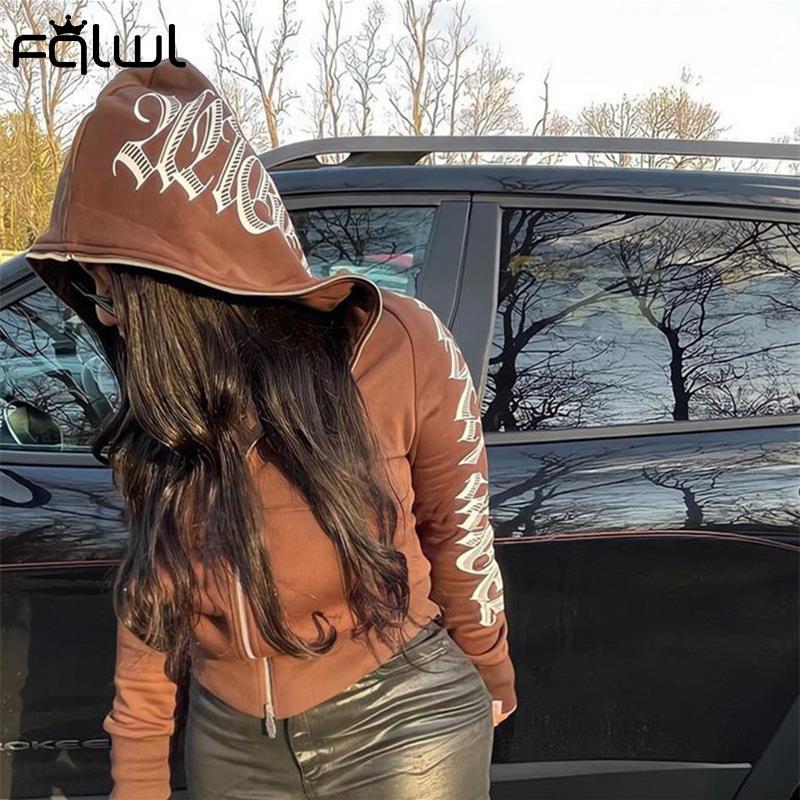 FQLWL Retro Letter Print Hoodies Autumn Winter High Street Zip Up Long Sleeve Jacket Coats Y2k Oversized Hooded Sweatshirts