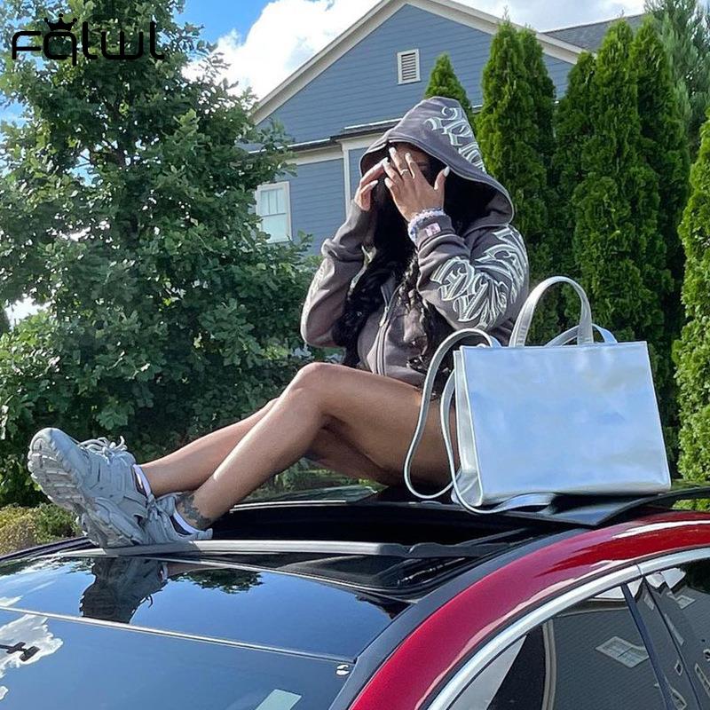 FQLWL Retro Letter Print Hoodies Autumn Winter High Street Zip Up Long Sleeve Jacket Coats Y2k Oversized Hooded Sweatshirts