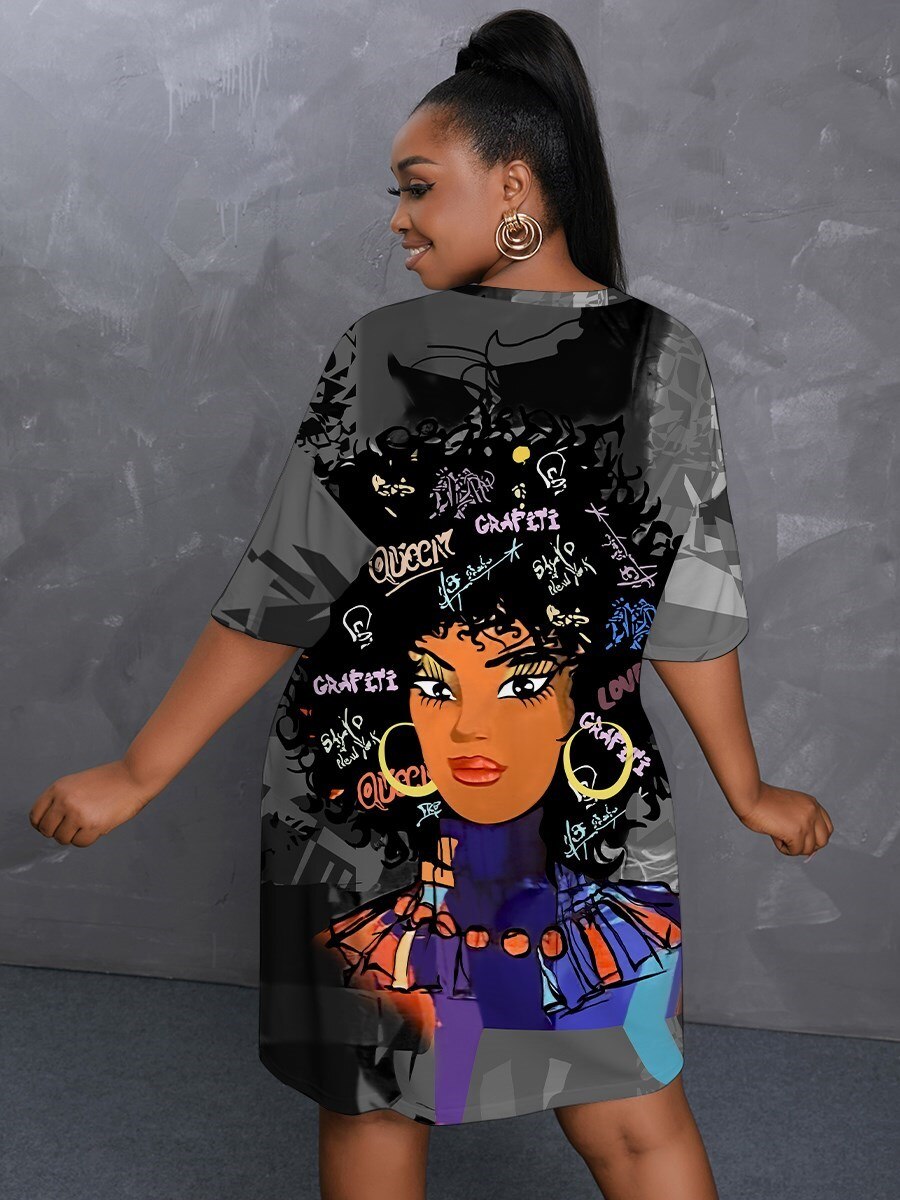 LW Plus Size Dress Dropped Shoulder Graffiti Print Black Mini Terylene Cotton Street O Neck Tee Summer Vestidos Women Clothings