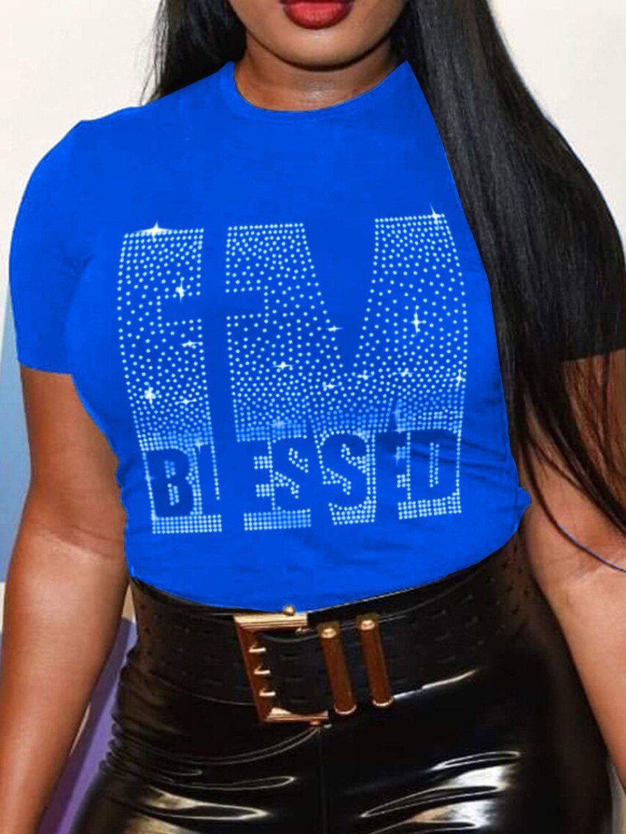 LW Plus Size Summer Women Round Neck Tee Tops Rhinestone Blessed Letter T-shirt Casual Short Sleeve Crop Tops Sexy T-shirt