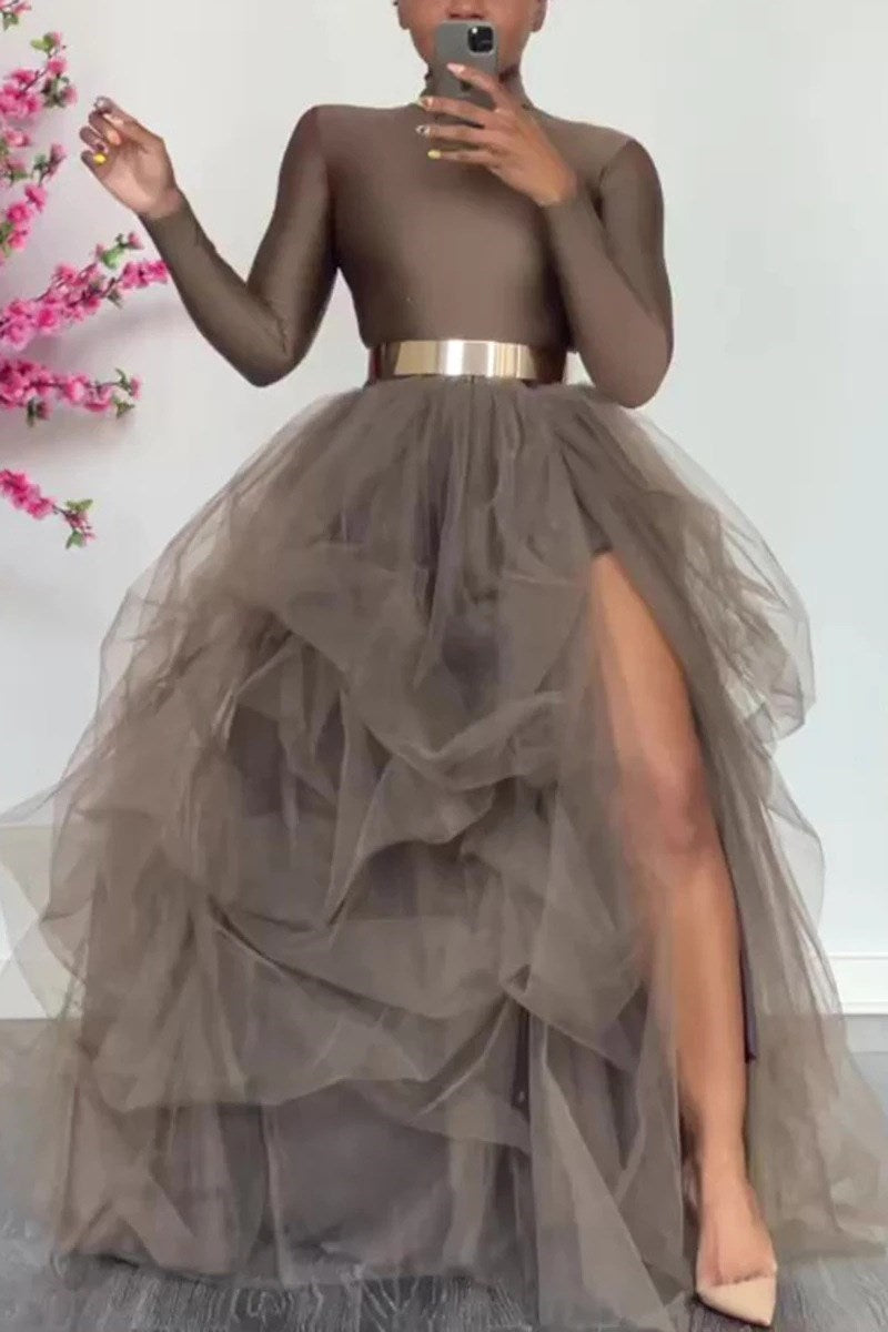 LW Plus Size Split Ball Gown Puffy Skirt 2022 Casual Elastic Mesh Puffy Women's Irregular Ball Gown Lady Oversize Tulle Skirt