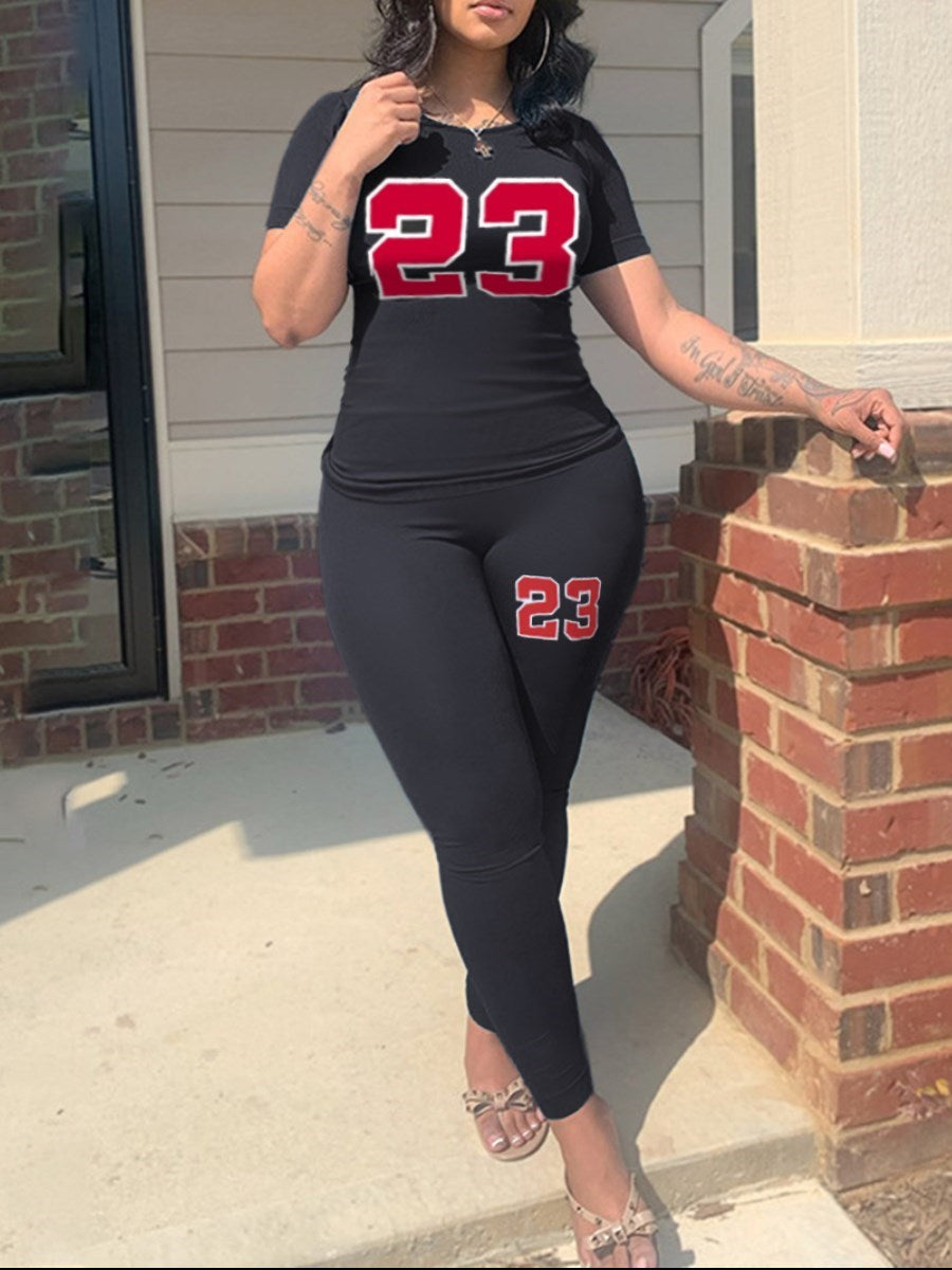 LW Plus Size Women summer Casual Loose 2 Piece Set Letter Print Pocket Design Pants Set short sleeve & legging sport set