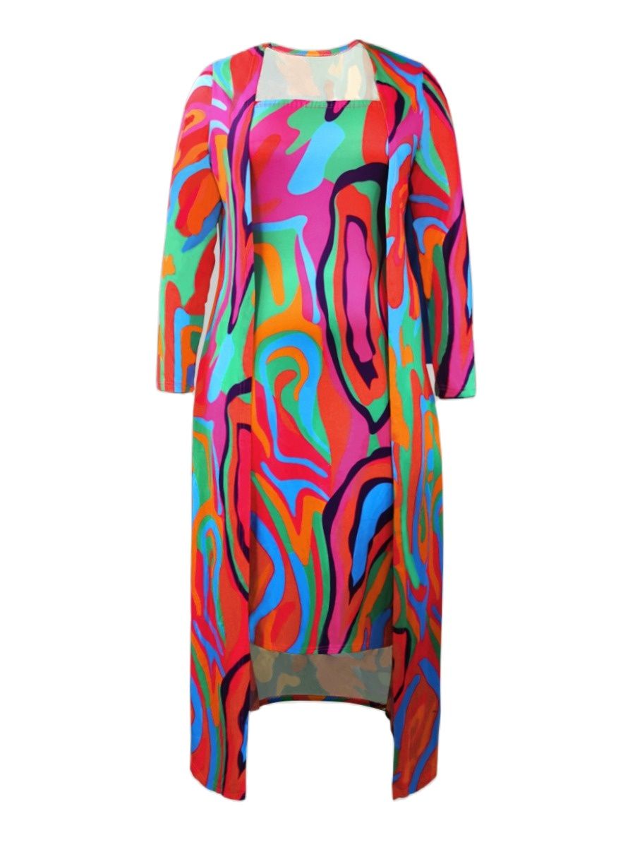 LW Plus Size Two pieces set Off The Shoulder Mixed Print Dress With long sleeve Outerwear 2023 Autumn Fashion NEW women's suit