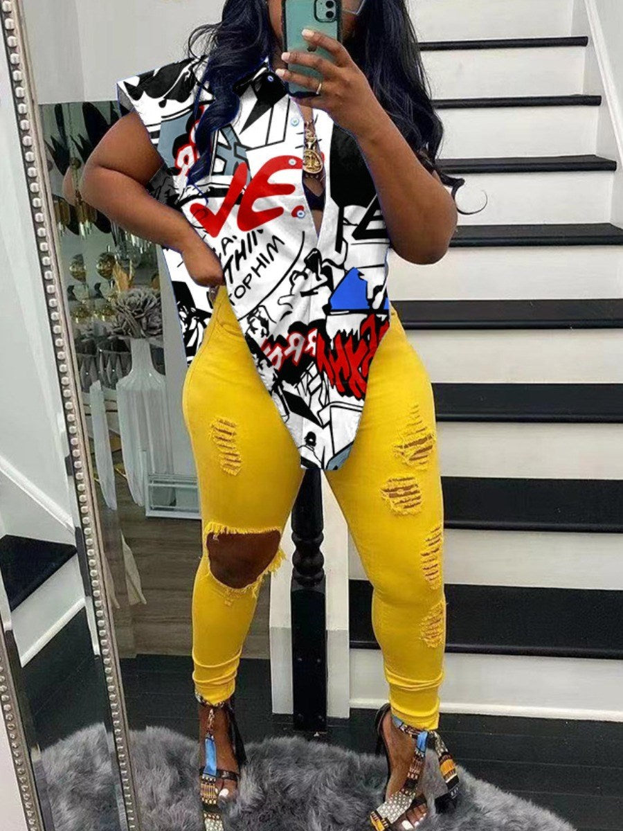 LW Plus Size Letter Print Split Blouse Tank Mixed Print Shirt collar Loose Street Y2K women's clothing top Split Blouse
