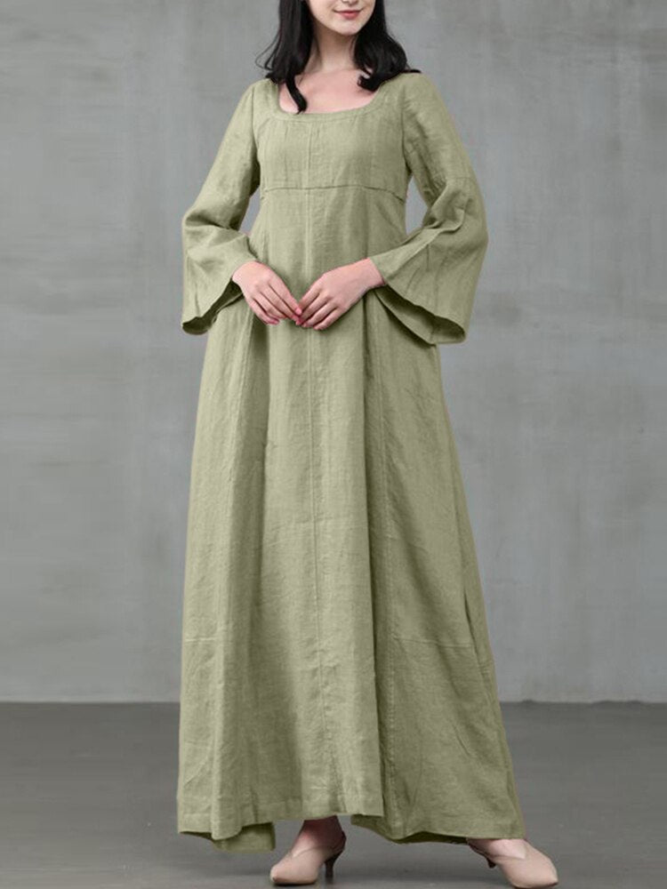 2023 ZANZEA Women Autumn Dress Vintage Square Collar Long Flare Sleeve Sundress Loose Party Dresses Robe Casual Cotton Vestido7
