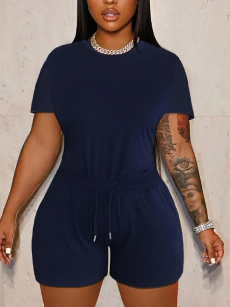 LW Plus Size Shorts Set Pocket Design Drawstring Shorts Set Women's T-shirt+Hot Pants Two Piece Set 2023 Summer Casual set