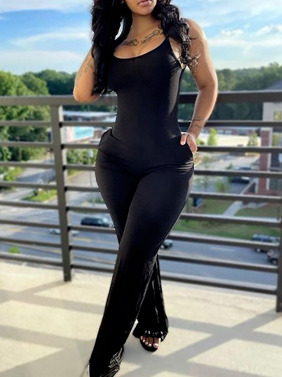 LW Women's Jumpsuit BASICS Plus Size Pocket Design Solid Skinny Jumpsuit Casual Sleeveless Long Skinny Suspender Jumpsuit