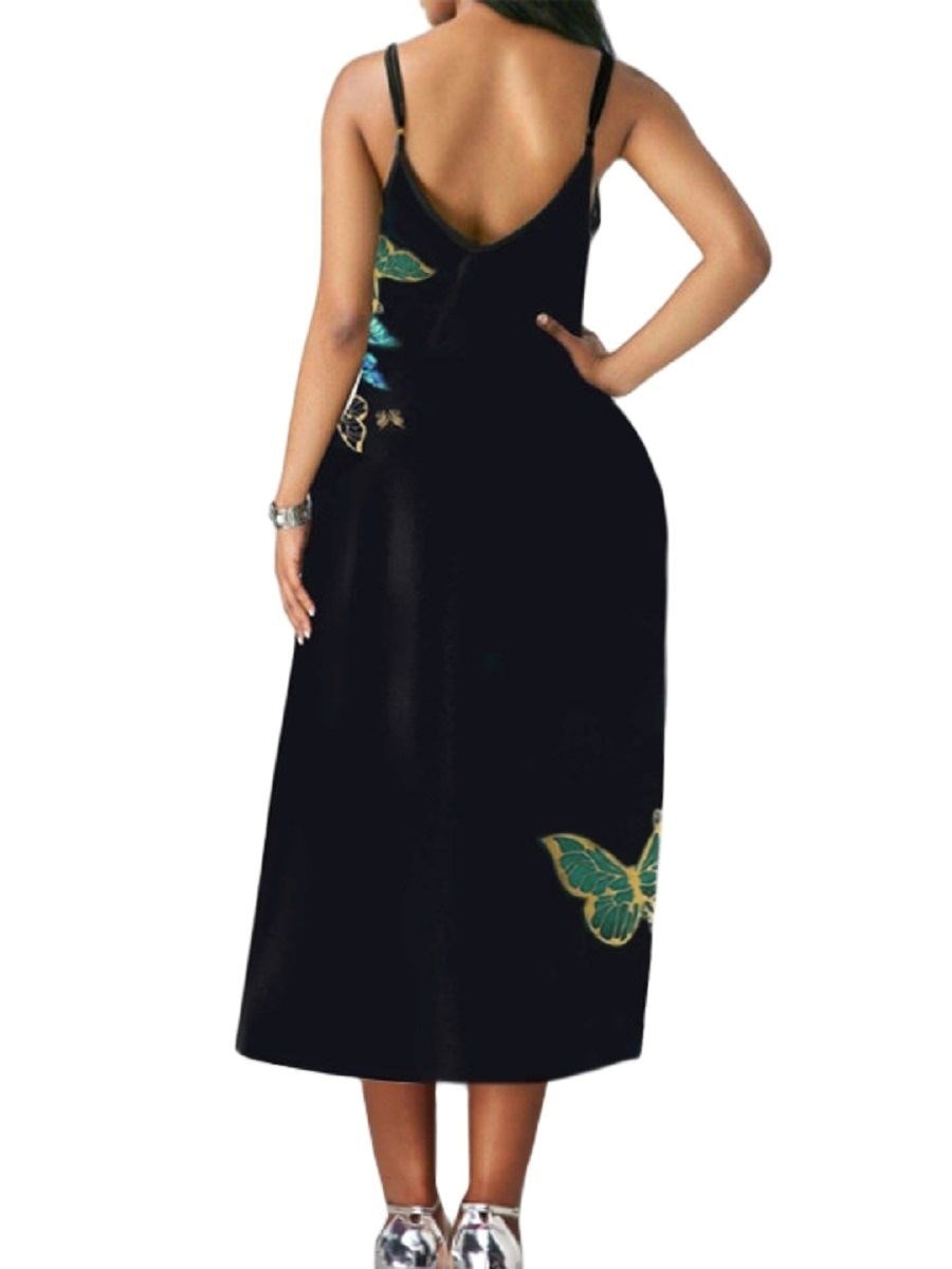 LW BASICS Plus Size Women's Dress Butterfly Print A Line Cami Dress Summer Backless Maxi Dress Floral Print Formal Party Dresse