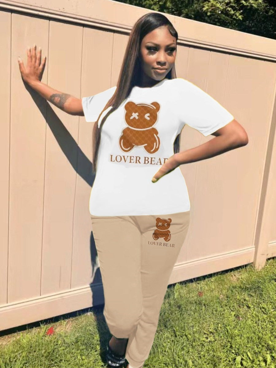 LW Plus Size summer 2pcs set Lover Bear Letter Print Pants Set Casual Round Neck women's short Sleeve + pants set
