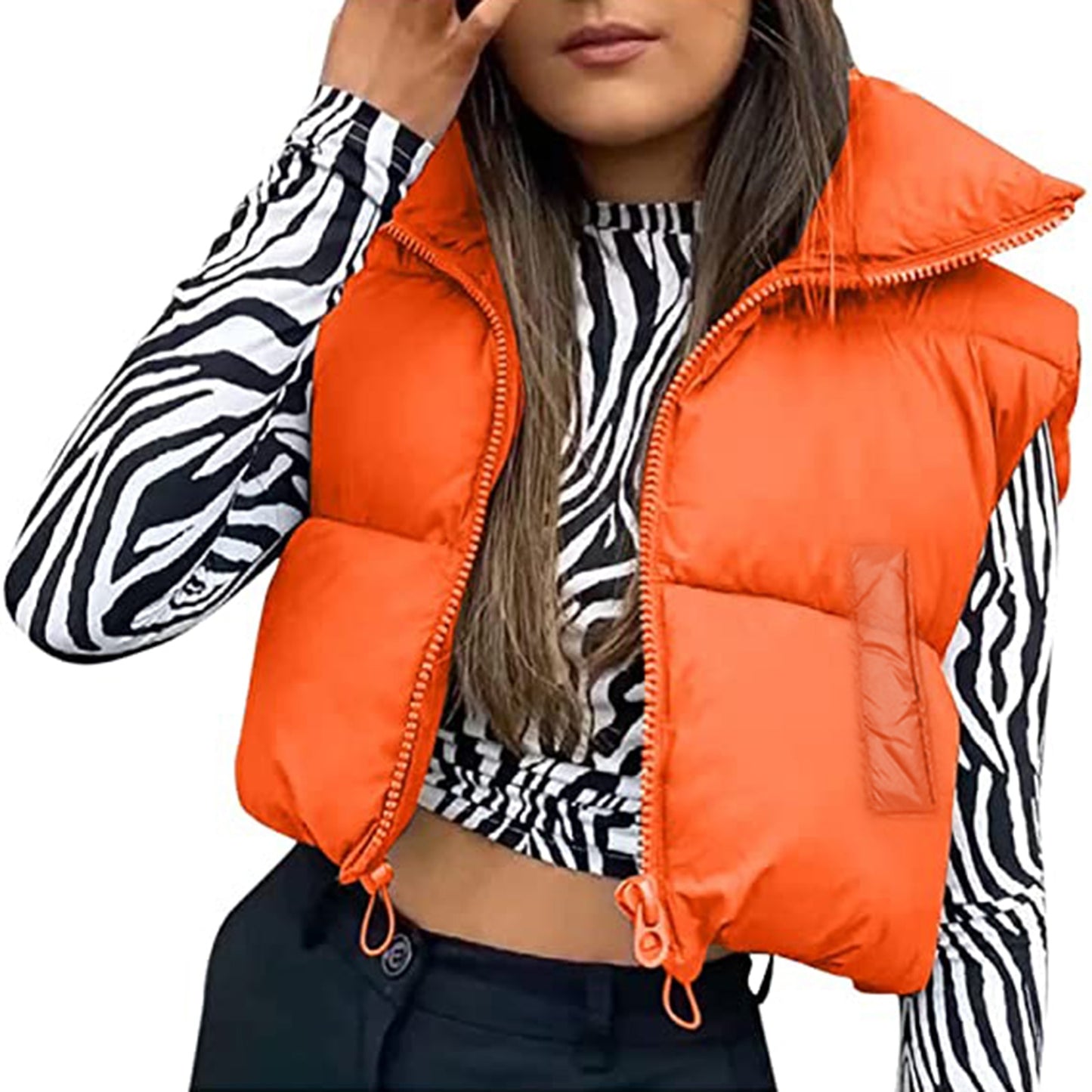 Women Winter Warm Crop Puffer Vest Sleeveless Drawstring Waistcoat Outerwear Padded Gilet Jacket Coat Outdoorwear