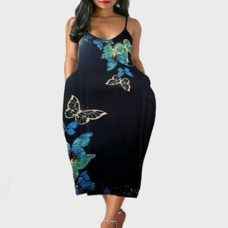 LW BASICS Plus Size Women's Dress Butterfly Print A Line Cami Dress Summer Backless Maxi Dress Floral Print Formal Party Dresse