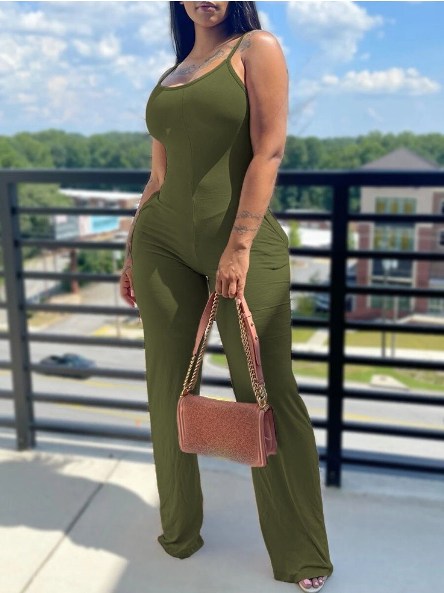 LW Women's Jumpsuit BASICS Plus Size Pocket Design Solid Skinny Jumpsuit Casual Sleeveless Long Skinny Suspender Jumpsuit