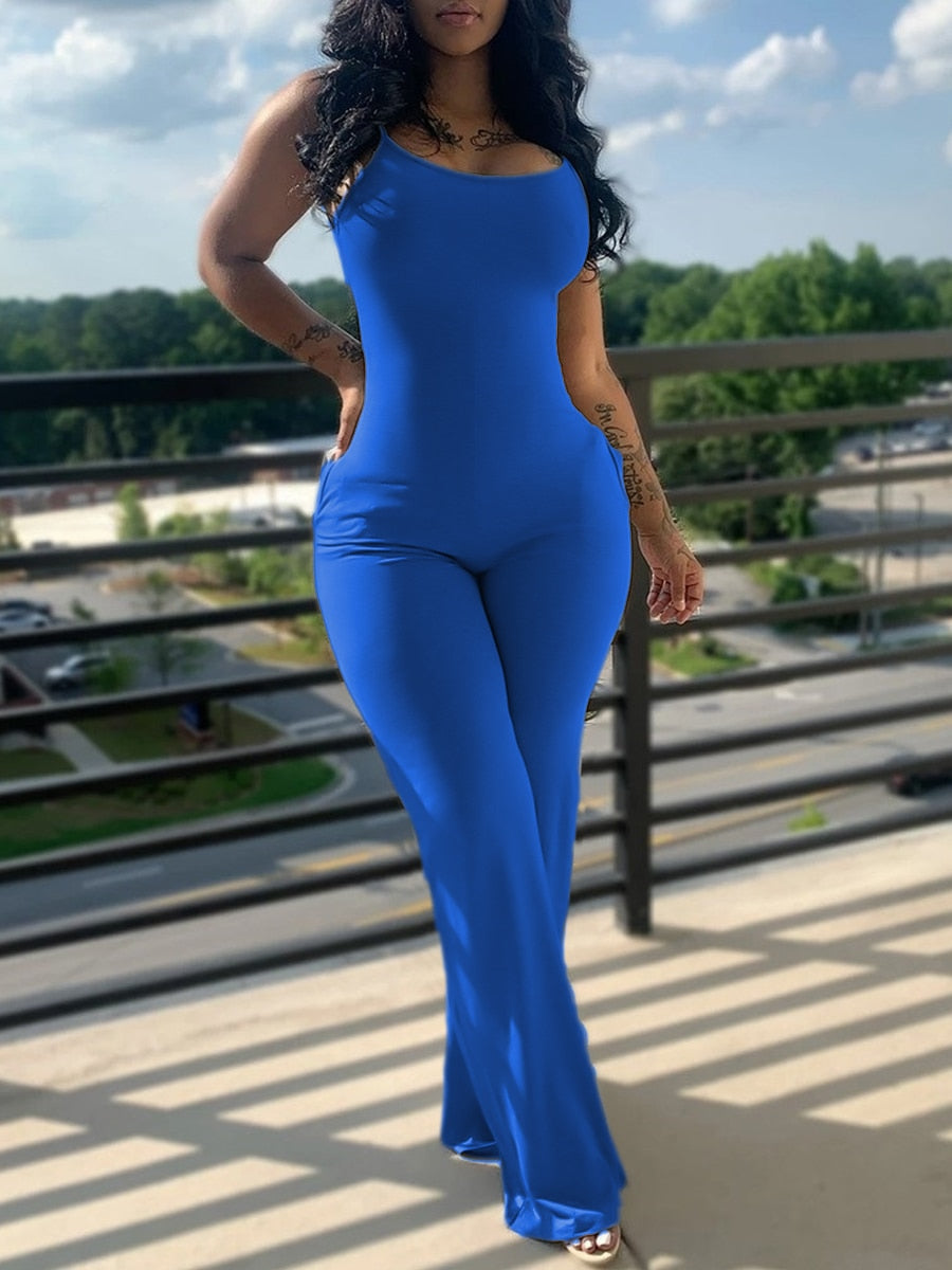 LW Women's Jumpsuit BASICS Plus Size Pocket Design Solid Skinny Jumpsuit Casual Sleeveless Long Skinny Suspender Jumpsuit