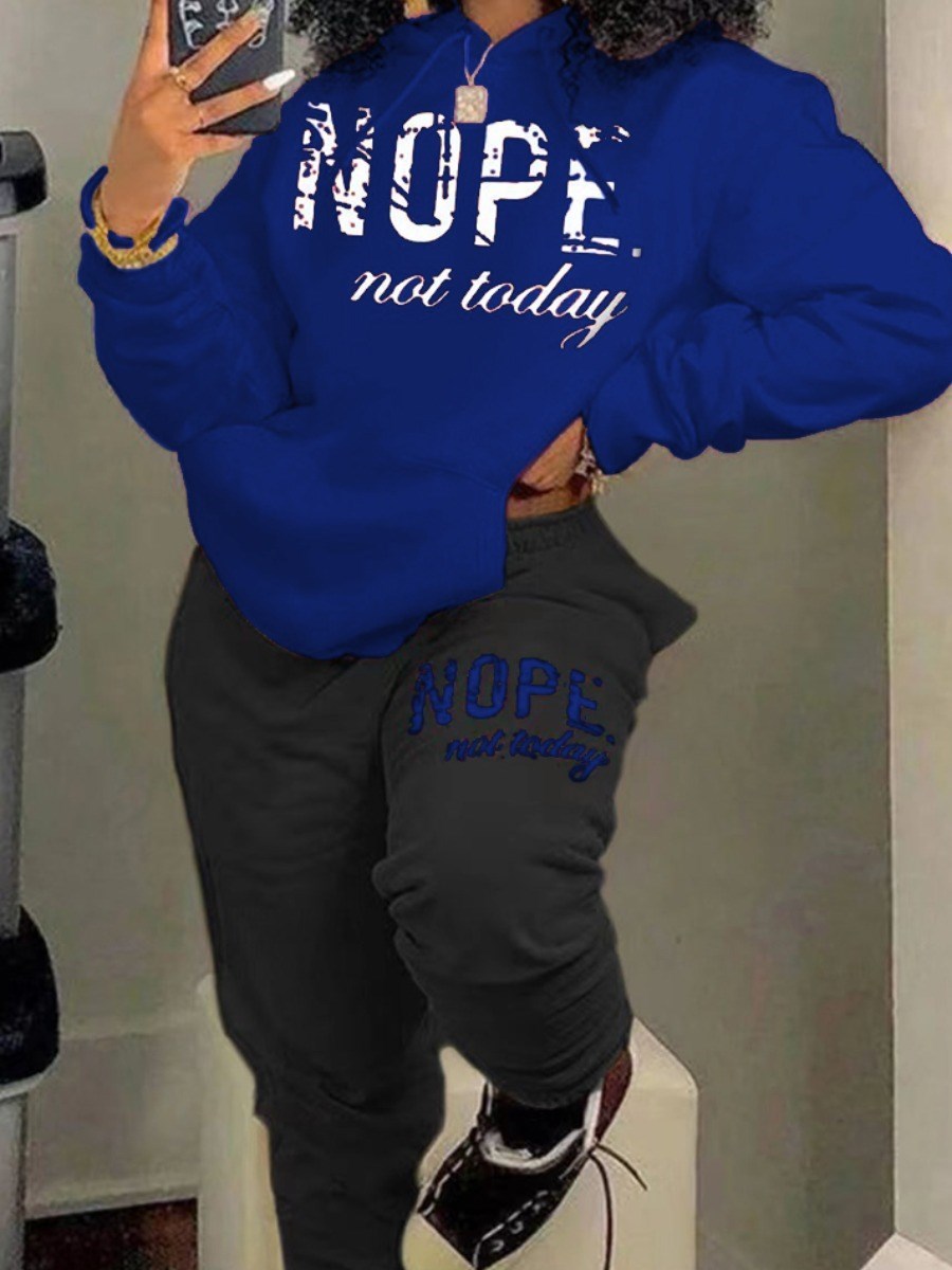 LW Plus Size Women's Tracksuit Nope Not Today Letter Print Tracksuit Set Long Sleeve Hooded Sport Suits Autumn Warm Sweatshirts