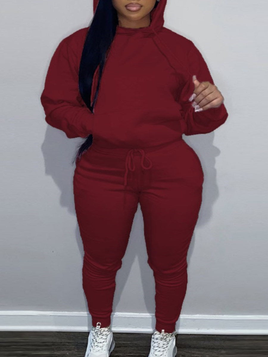 LW BASICS Plus Size Kangaroo Pocket Drawstring Tracksuit Set 2022 Autumn winter warm Two Piece Set Long Sleeved Hoodies Sportsw