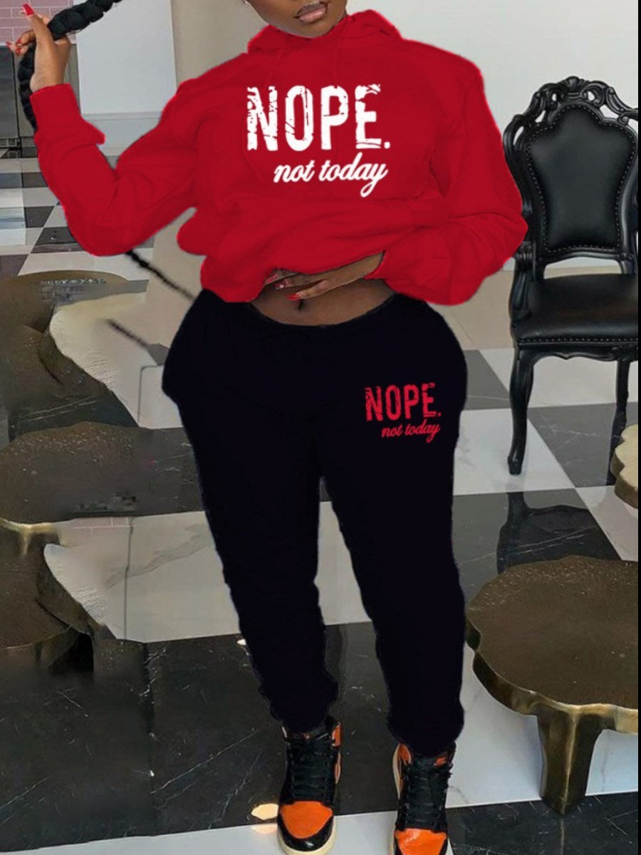 LW Plus Size Women's Tracksuit Nope Not Today Letter Print Tracksuit Set Long Sleeve Hooded Sport Suits Autumn Warm Sweatshirts