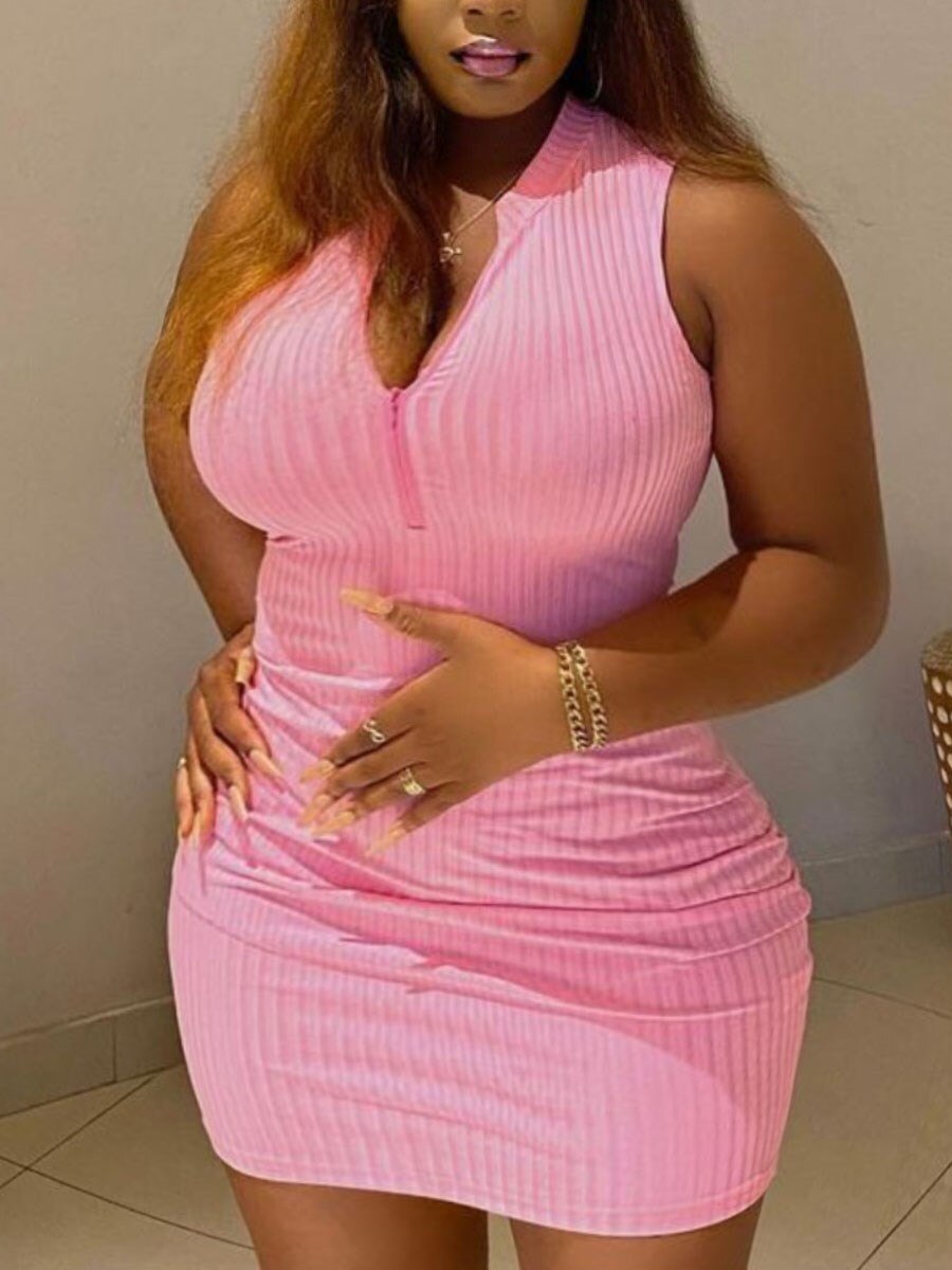 LW BASICS Plus Size Sexy Dress Zipper Design Bodycon Dress Women's Plus Plain Ribbed Zipper Mock Neck Bodycon Tank Dress