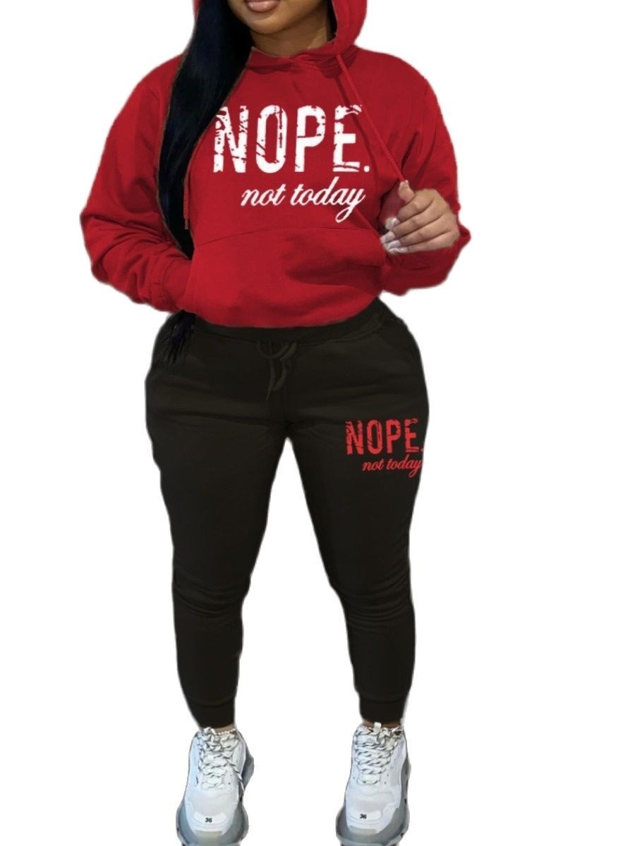 LW Plus Size Women's Tracksuit Nope Not Today Letter Print Tracksuit Set Long Sleeve Hooded Sport Suits Autumn Warm Sweatshirts