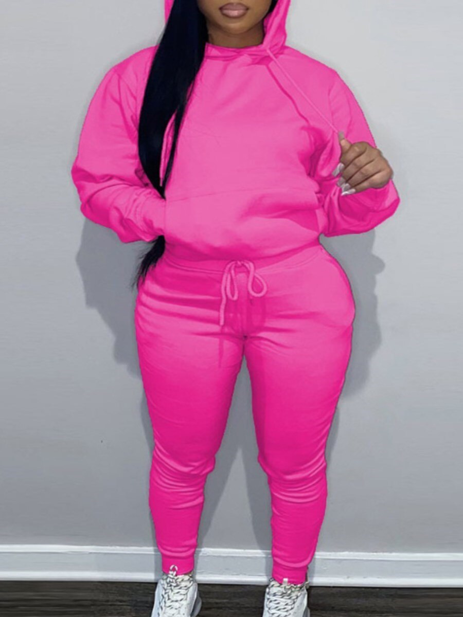 LW BASICS Plus Size Kangaroo Pocket Drawstring Tracksuit Set 2022 Autumn winter warm Two Piece Set Long Sleeved Hoodies Sportsw