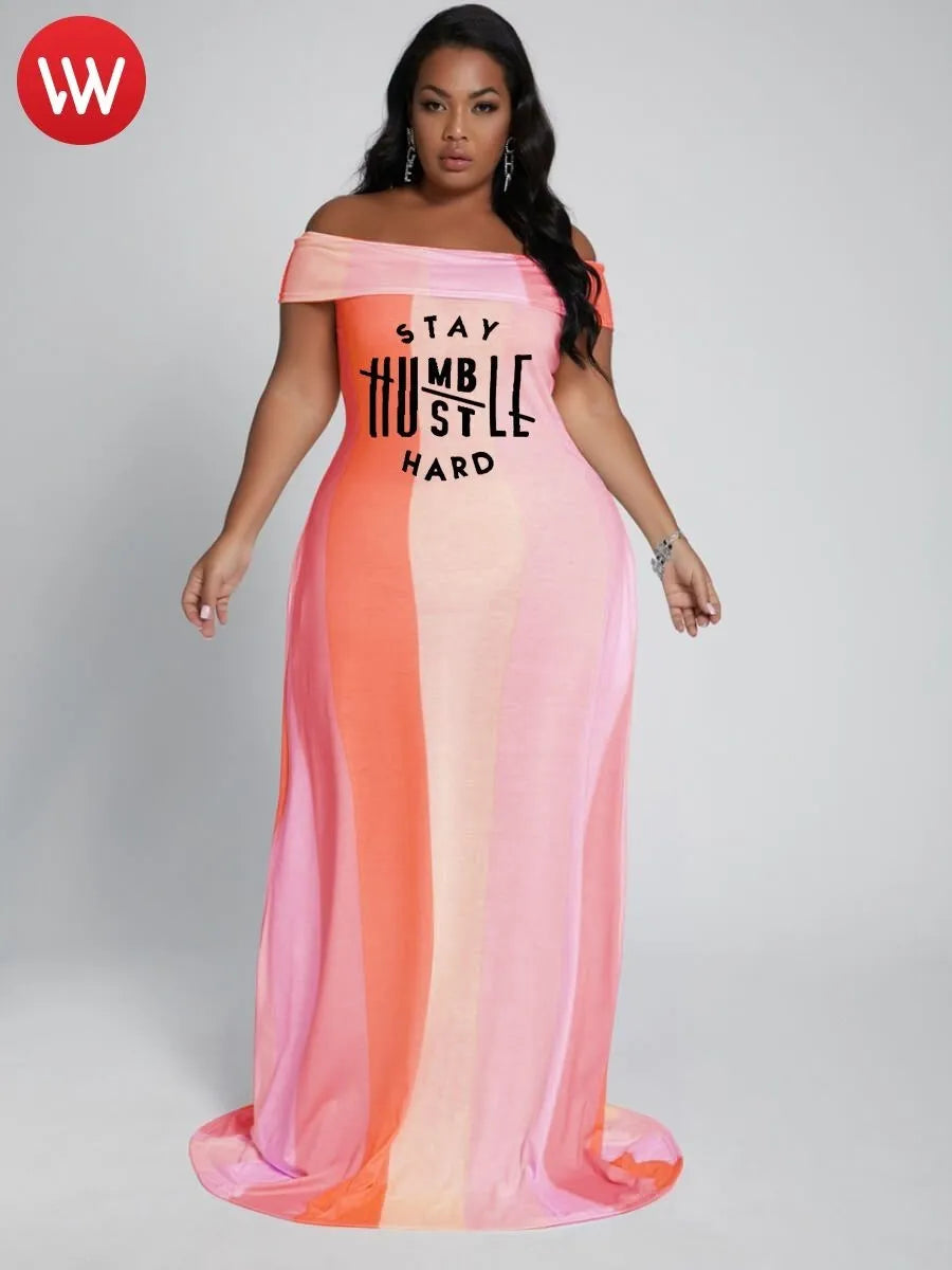 LW Plus Size Dress Boho Fold-over Letter Print Striped Orange Trailing L-5XL Off The Shoulder Vacation Summer Vestidos