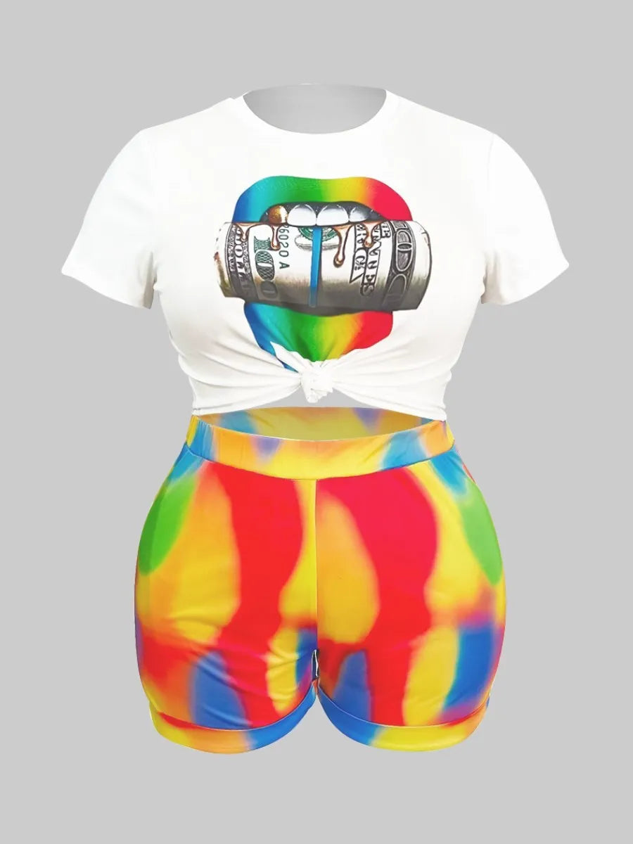 LW Plus Size Shorts Set Lip Money Print Tie-dye Twilled Satin Casual Graffiti O Neck Stretchy Summer Outfits
