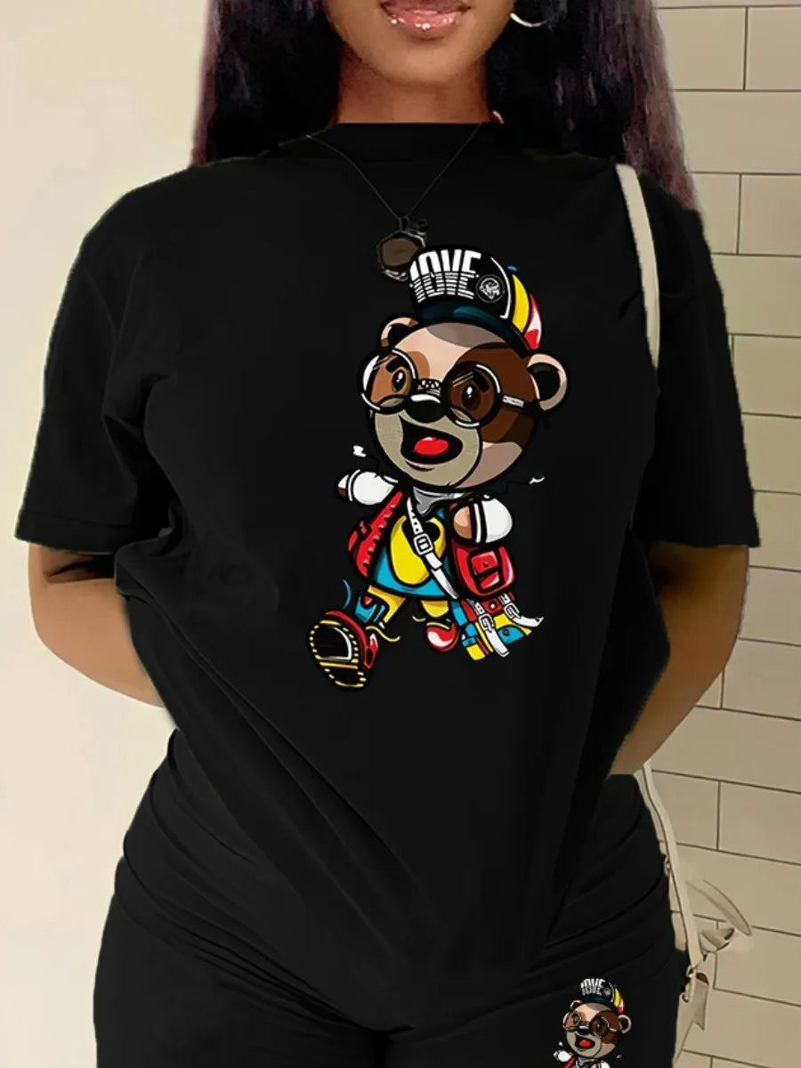 LW Plus Size Two Piece Set Cartoon Letter Print Shorts Set Short Sleeve Crop Corset T-shirt & Ladies High Waist Shorts Pants Set