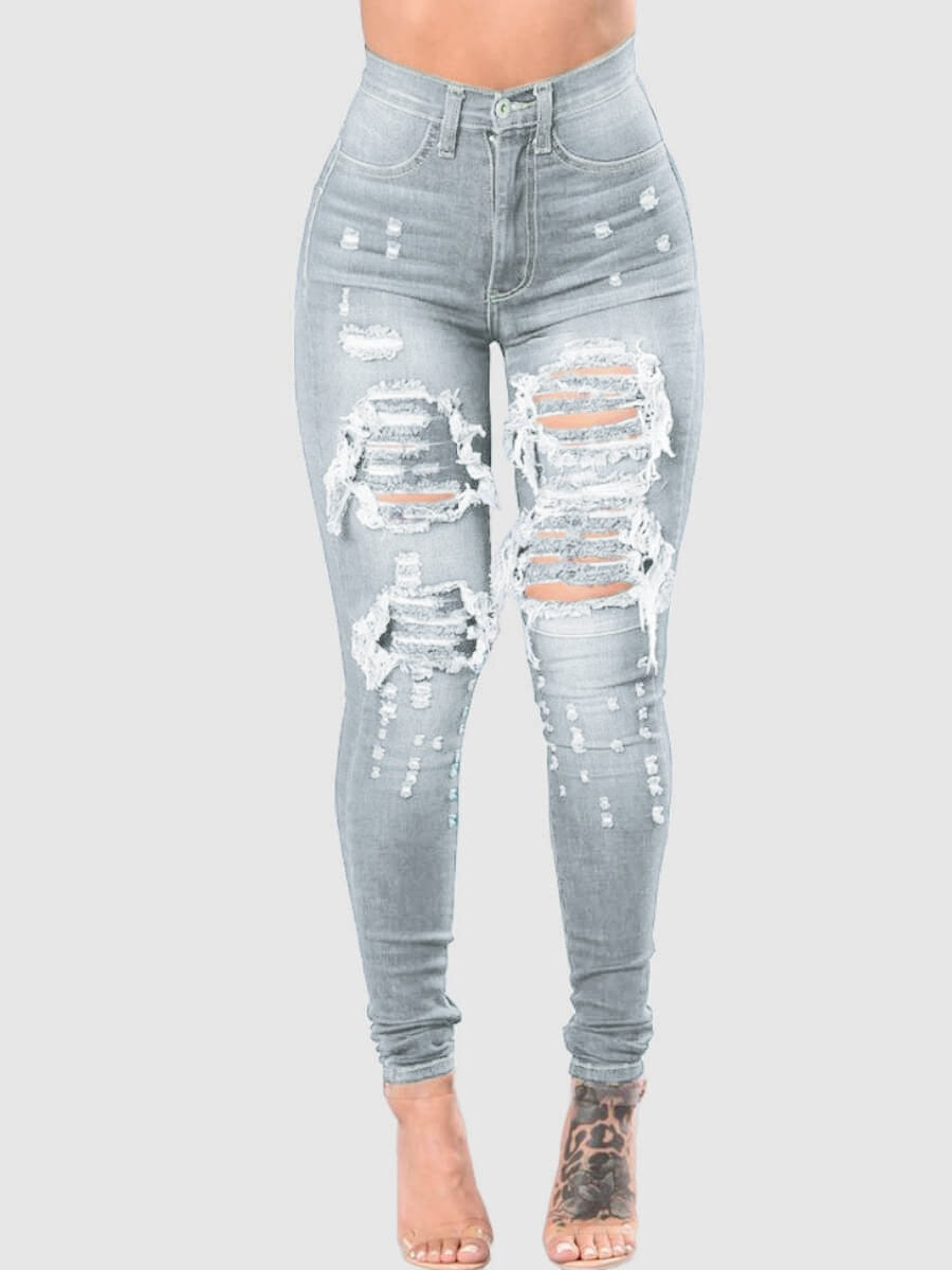 LW High Stretchy High-Waist Raw Edge Ripped Jeans Pencil Pants For Women Skinny Solid Color Fashion Streetwears(3 Colors)