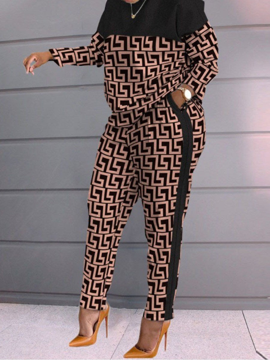 LW Plus Size Geo Print Patchwork Pants Set 2022 Tracksuits Women Elegant Two-Pieces Suit Female Greek Fret Print Coat & Pant set