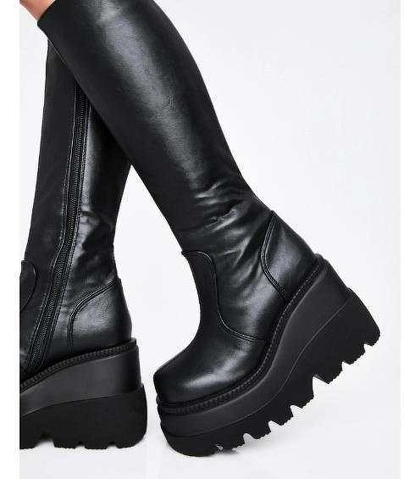Thick Bottom Women's Boots Autumn New Muffin Soled Soft Leather Mid-calf Boots Punk Style Women Black Riding Boots Platform Shoe