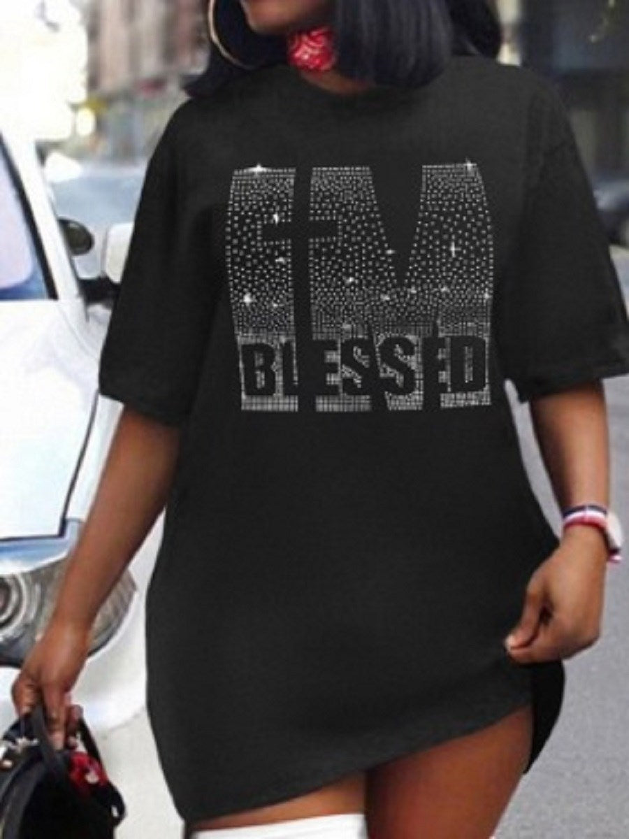 LW Plus Size Dress summer Women's Plus Rhinestone Letter Short Sleeve Slight Stretch Tee Dress Elegant Woman Dress for Party