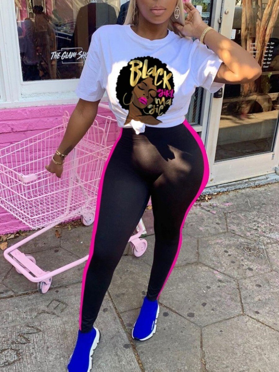 LW Plus Size Letter Print Striped Pants Set summer Two Piece Women Tracksuit Set short sleeve&leggings sports Lady Matching Sets
