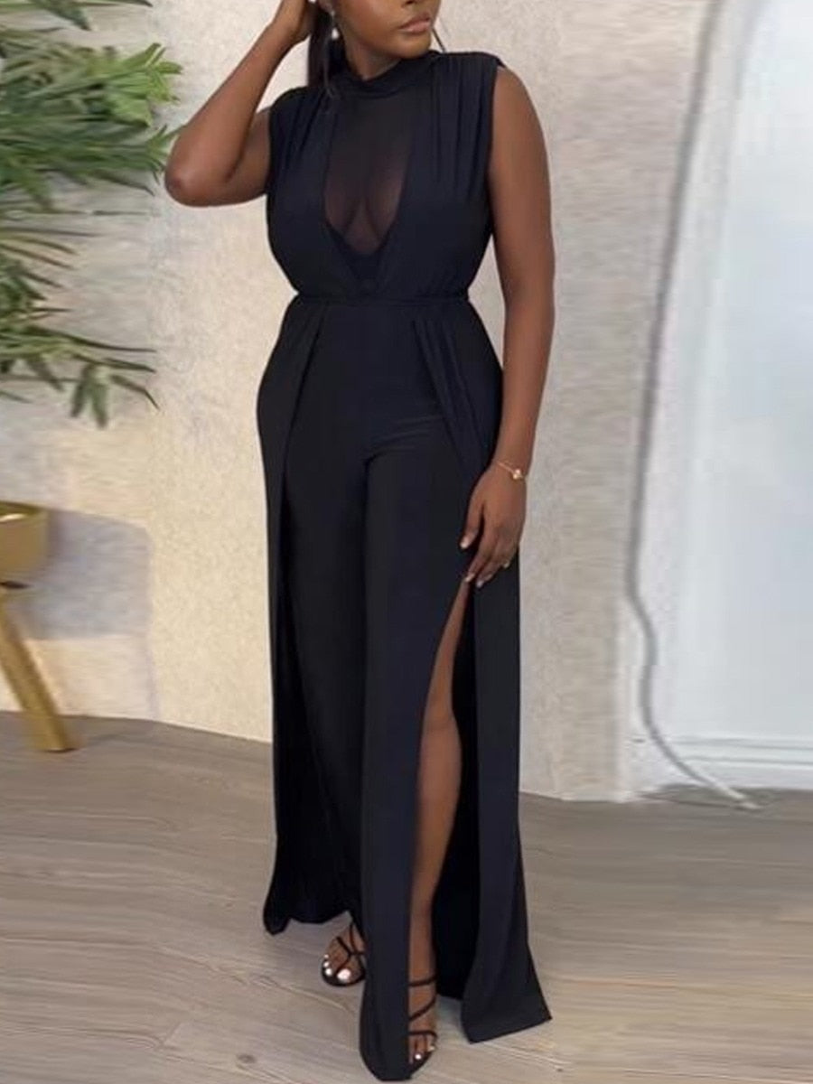 LW Plus Size jumpsuit Women's Jumpsuit See Through High Split Jumpsuit Sleeveless One Piece Overalls Elegant office jumpsuit