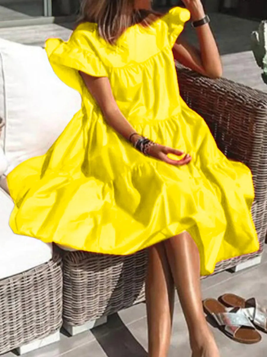 LW Plus Size Dresses Ruffle Design A Line Loose Dress Summer Casual Loose Dresses Fly Neck Sleeve beach women's midi dress