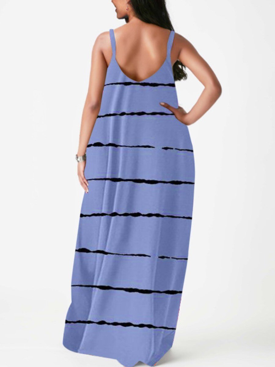 LW Plus Size summer dress Casual V Neck Print Dark Blue Floor Length A Line Dress V Neck 2023 NEW casual women's dress
