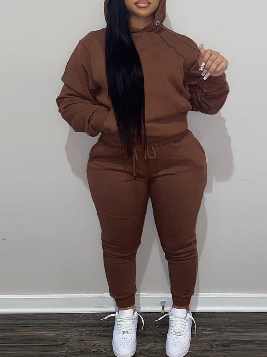 LW BASICS Plus Size Kangaroo Pocket Drawstring Tracksuit Set 2022 Autumn winter warm Two Piece Set Long Sleeved Hoodies Sportsw