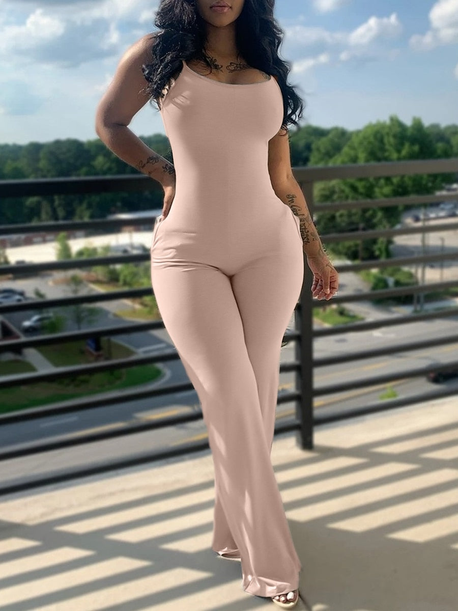 LW Women's Jumpsuit BASICS Plus Size Pocket Design Solid Skinny Jumpsuit Casual Sleeveless Long Skinny Suspender Jumpsuit