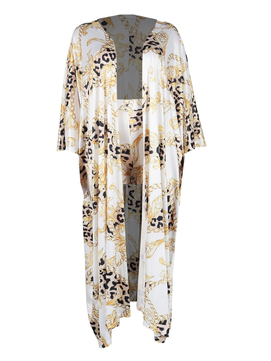 LW Plus Size Summer Two Piece Set Leopard Chain Print Loose Shorts Set Women's Suits Tracksuit Casual Loose Long coat+shorts set